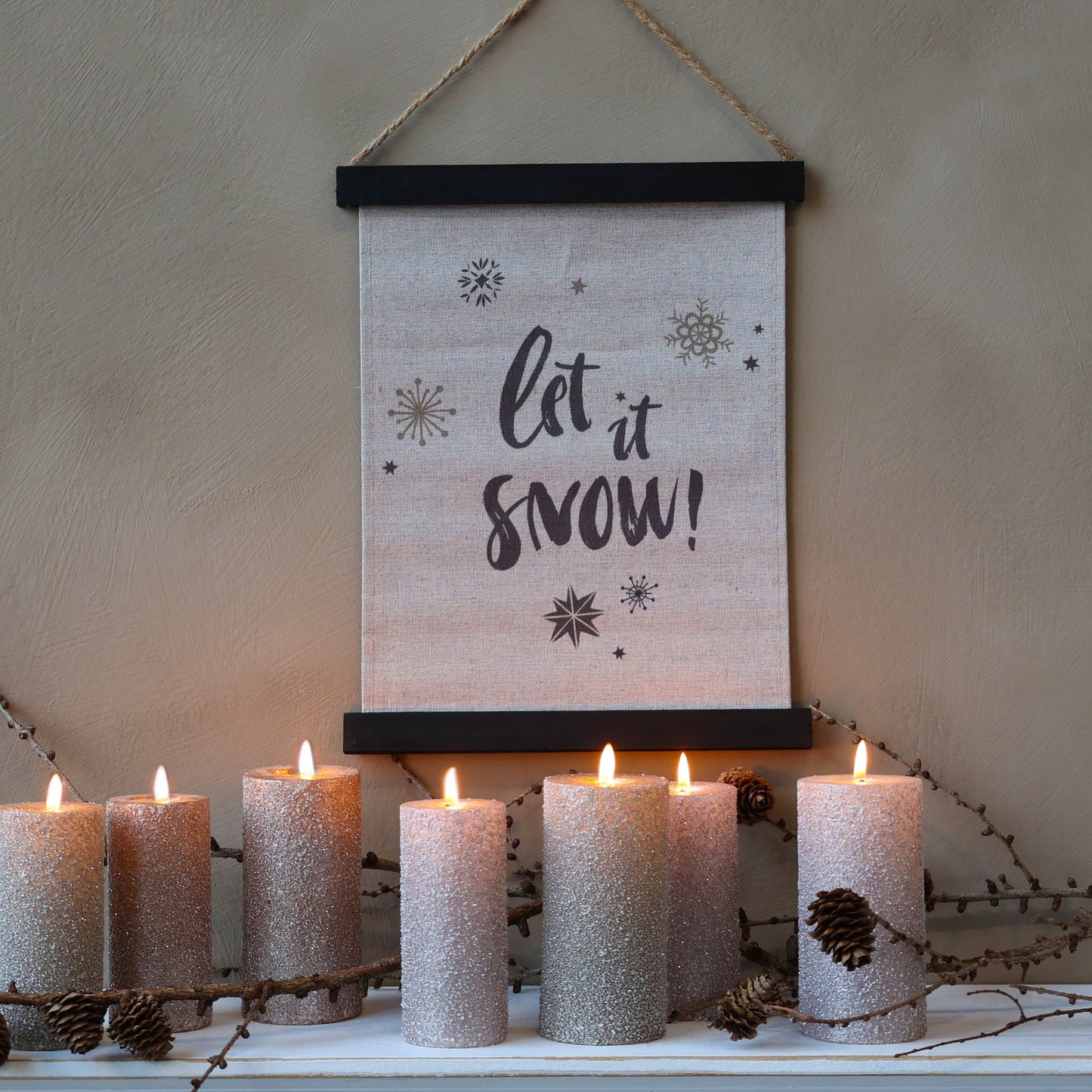 Leinwand Bild Deko "Let it snow!" Aufhänger Holz antique schwarz