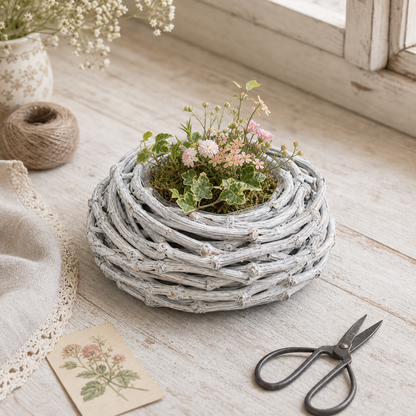 Kleiner weißer Pflanzkorb "Willow" aus Holz und Rattan, ideal für Dekoration, mit 22cm Durchmesser, von Wohnen auf dem Land