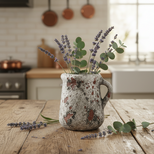 Grauer Pflanzkrug Kanne Vase "Provence" aus Zement, 11,5 cm, von Wohnen auf dem Land, für Pflanzen und Dekoration
