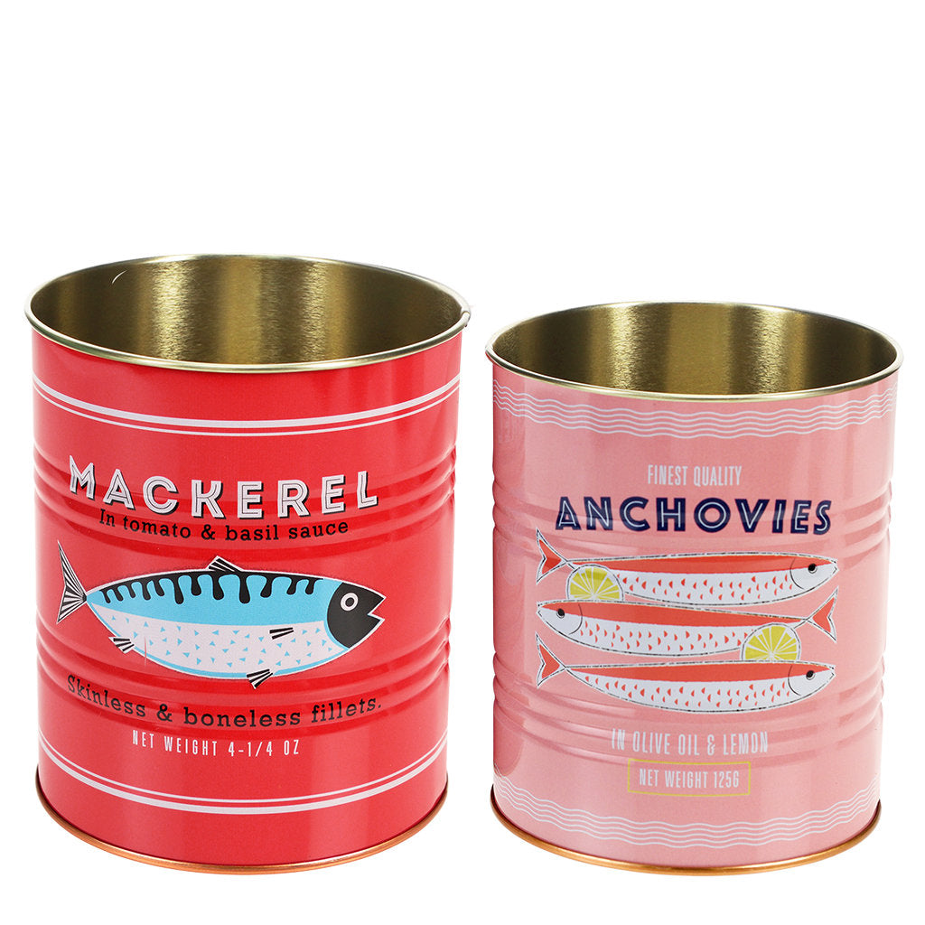 Zwei metallene Aufbewahrungsdosen "Fishy" von Rex London mit bunten Fischmotiven, ideal für Deko und Stauraum.