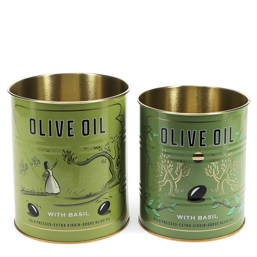 Zwei Metall-Dosen "Grove Olive Oil" von Rex London zur Aufbewahrung von Öl oder Gewürzen, mit dekorativem Olivenöl-Design.