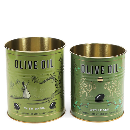 Zwei Metall-Dosen "Grove Olive Oil" von Rex London zur Aufbewahrung von Öl oder Gewürzen, mit dekorativem Olivenöl-Design.
