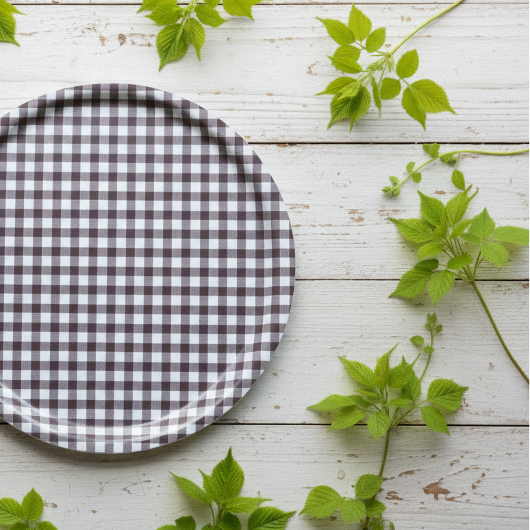 Braune Tablett-Schale "Rutan" von Storefactory, 38 cm Durchmesser, mit Karo-Muster aus Keramik.