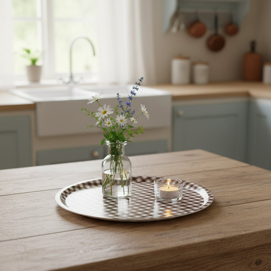 Runde braune Tablett Schale "Rutan" von Storefactory mit Karo-Muster, 38 cm Durchmesser, aus Holz oder Keramik