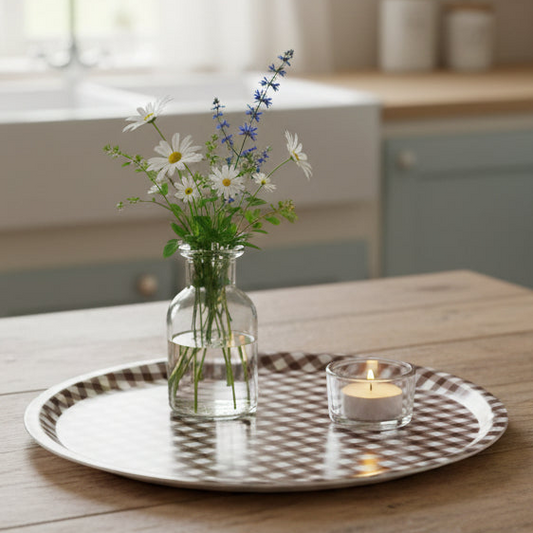 Tablett Schale "Rutan" von Storefactory, braunes Karo-Design, 38 cm Durchmesser, flache, dekorative Tablettschale