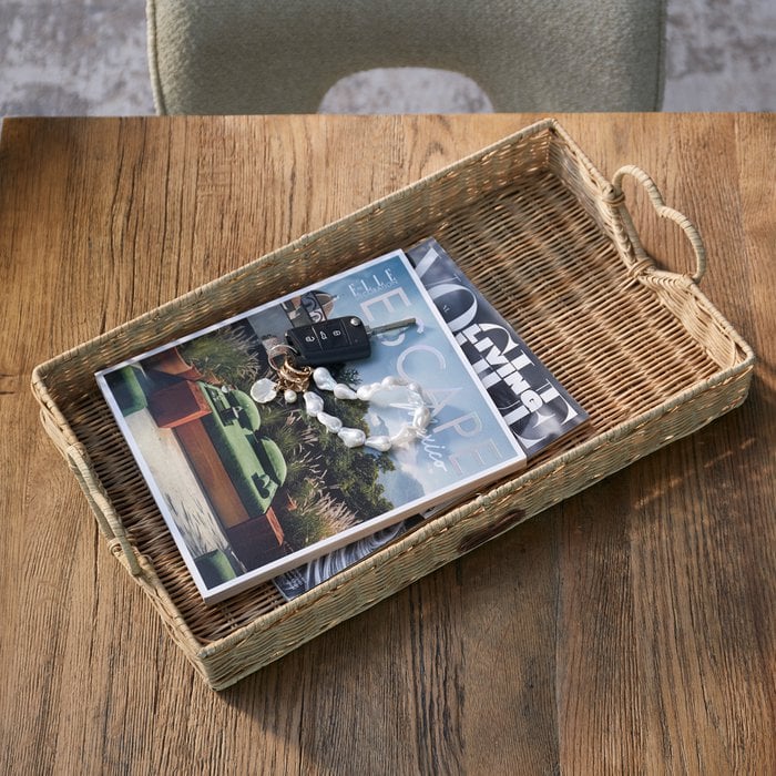 Tablett Korb "Happy Heart" Herzgriff Rattan Rustic Natur 51cm