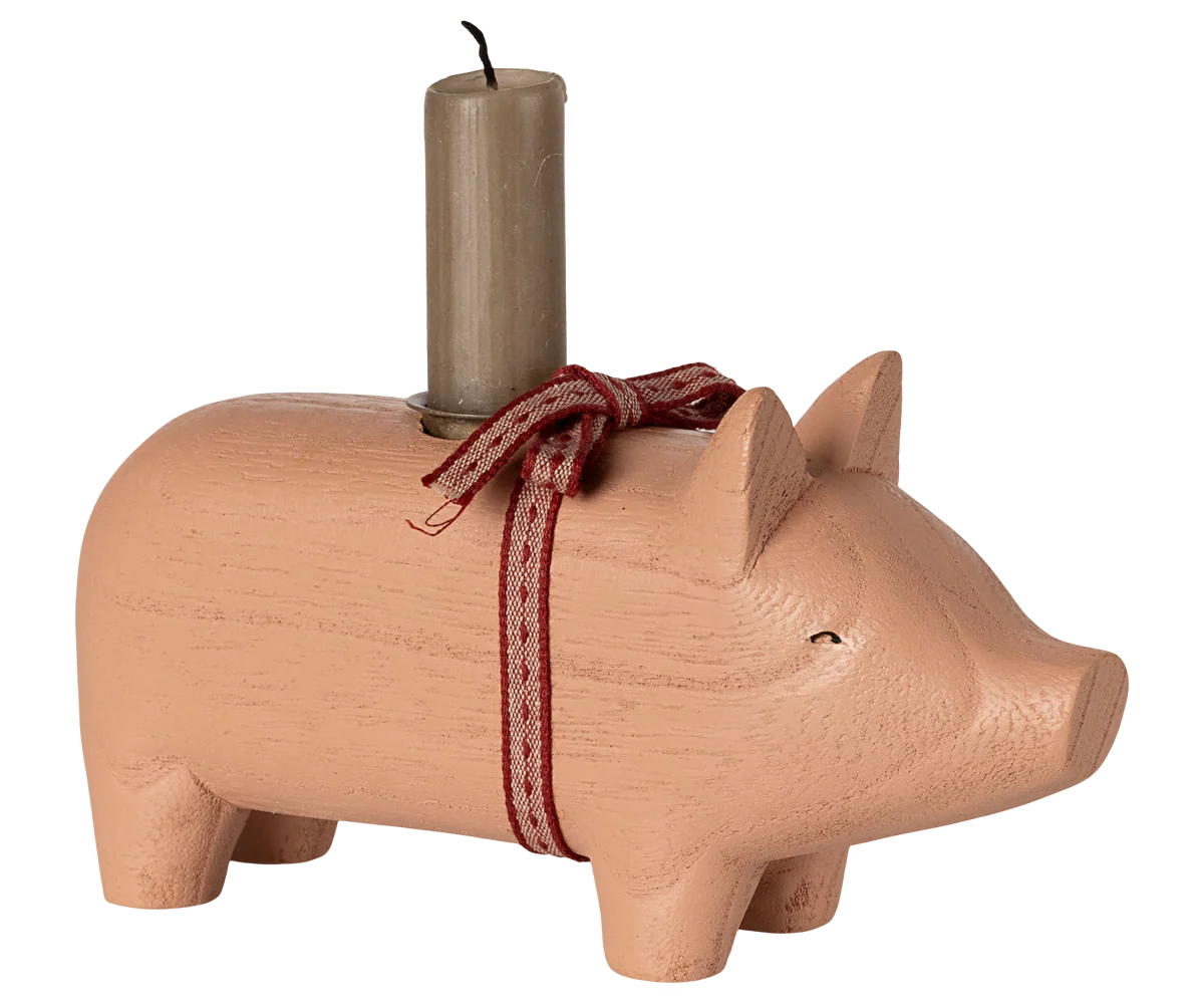 Maileg Kerzenhalter "Schwein" mit Schleife Holz Medium Rosa - Wohnen auf dem Land