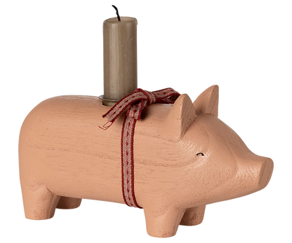 Maileg Kerzenhalter "Schwein" mit Schleife Holz Medium Rosa - Wohnen auf dem Land
