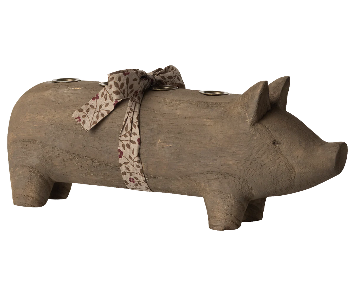 Maileg Kerzenhalter Schwein "Advent" mit Schleife Holz Natur - Wohnen auf dem Land