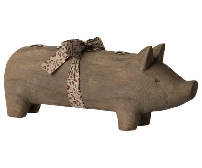 Maileg Kerzenhalter Schwein "Advent" mit Schleife Holz Natur - Wohnen auf dem Land