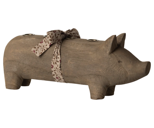 Maileg Kerzenhalter Schwein "Advent" mit Schleife Holz Natur - Wohnen auf dem Land