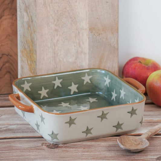 Auflaufform Backen Schale "Cozy Stars" Keramik quadratisch Grün 26cm - Wohnen auf dem Land