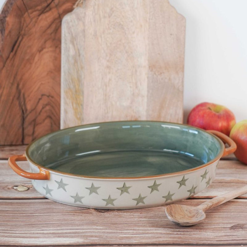 Auflaufform Backen Schale "Cozy Stars" Keramik Oval Grün 36cm
