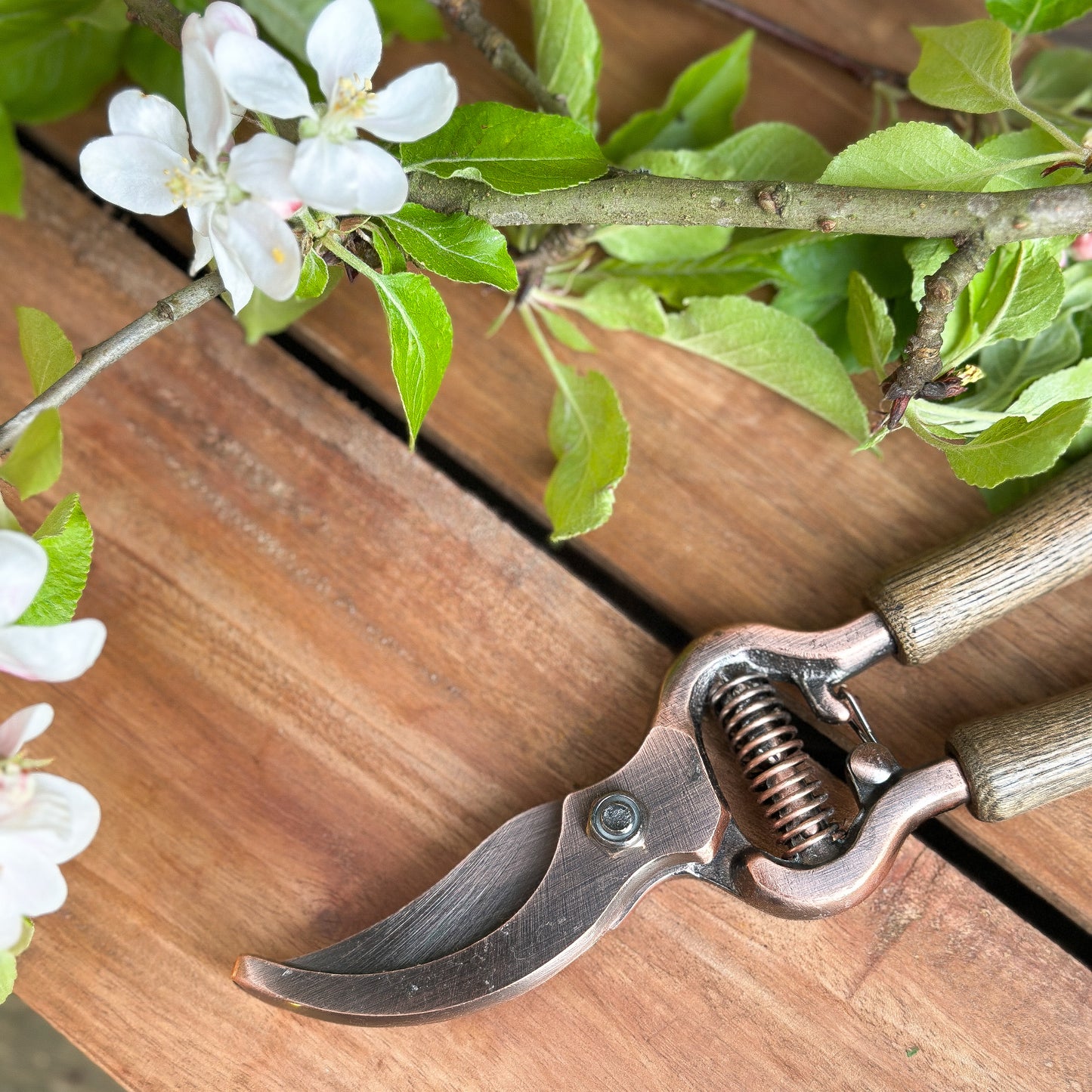 Blumenschere mit Kupfer- und Holzgriff, 21 cm, Gartenzubehör von Wohnen auf dem Land, mit Jutebeutel für Gartenarbeit.