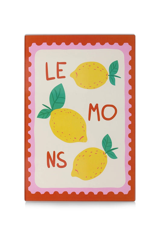Bunte Glasschneideplatte "Italian Lemons" von Wohnen auf dem Land, mediterranes Küchenzubehör mit Zitronenmotiv