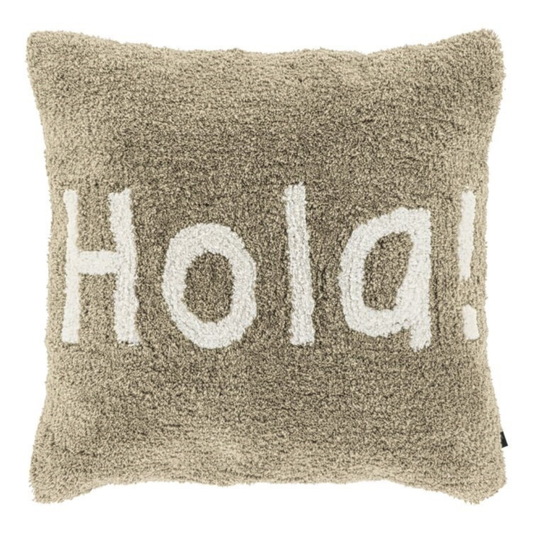 Weiches Baumwollkissen "Hola!" in Sand, 45x45cm, mit gesticktem Schriftzug, von Wohnen auf dem Land, für gemütliche Sitzgelegenheiten