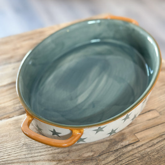 Auflaufform Backen Schale "Cozy Stars" Keramik Oval Grün 36cm