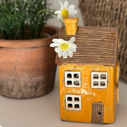 Gelber und brauner Kerzenhalter "Svala" aus Keramik von Clayre & Eef, 15 cm hoch, für Teelichter, stilvoller Hausdekor