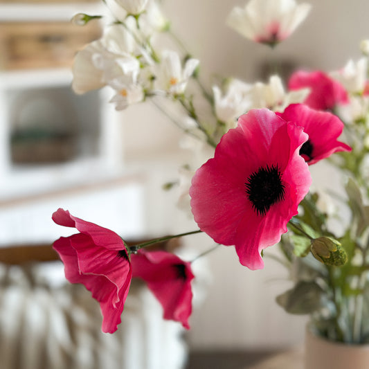 Künstlicher Blumen-Zweig "Summer Poppy" in 2 Farben, 63 cm, von Wohnen auf dem Land, realistische Blüte und grüne Blätter