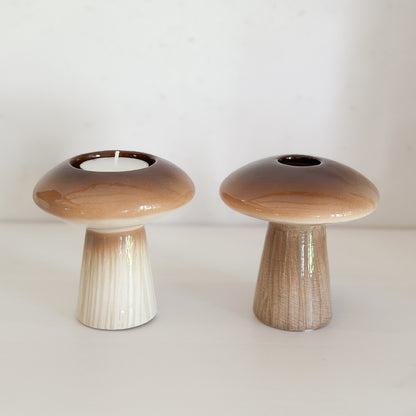 Teelichthalter Pilz "Russle" Keramik glasiert Creme Braun 10cm
