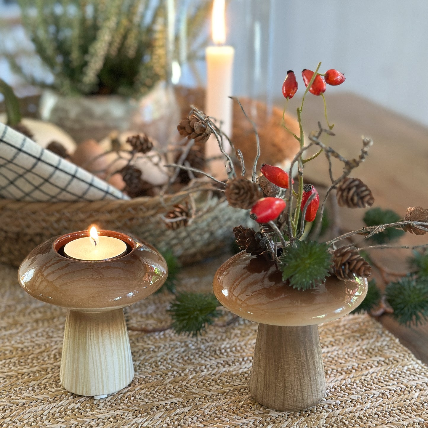 Teelichthalter Pilz "Russle" Keramik glasiert Creme Braun 10cm