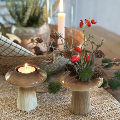 Teelichthalter Pilz "Russle" Keramik glasiert Creme Braun 10cm