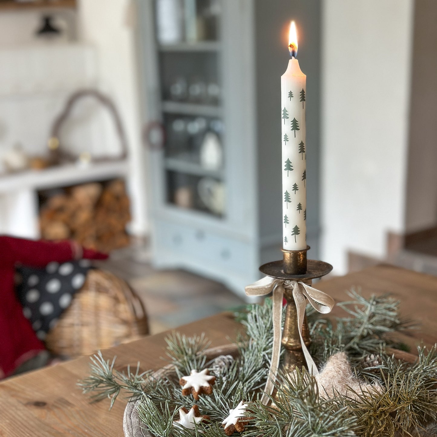 Stabkerze "Tanne" Weiß Tannenbaum Dekor 190x22