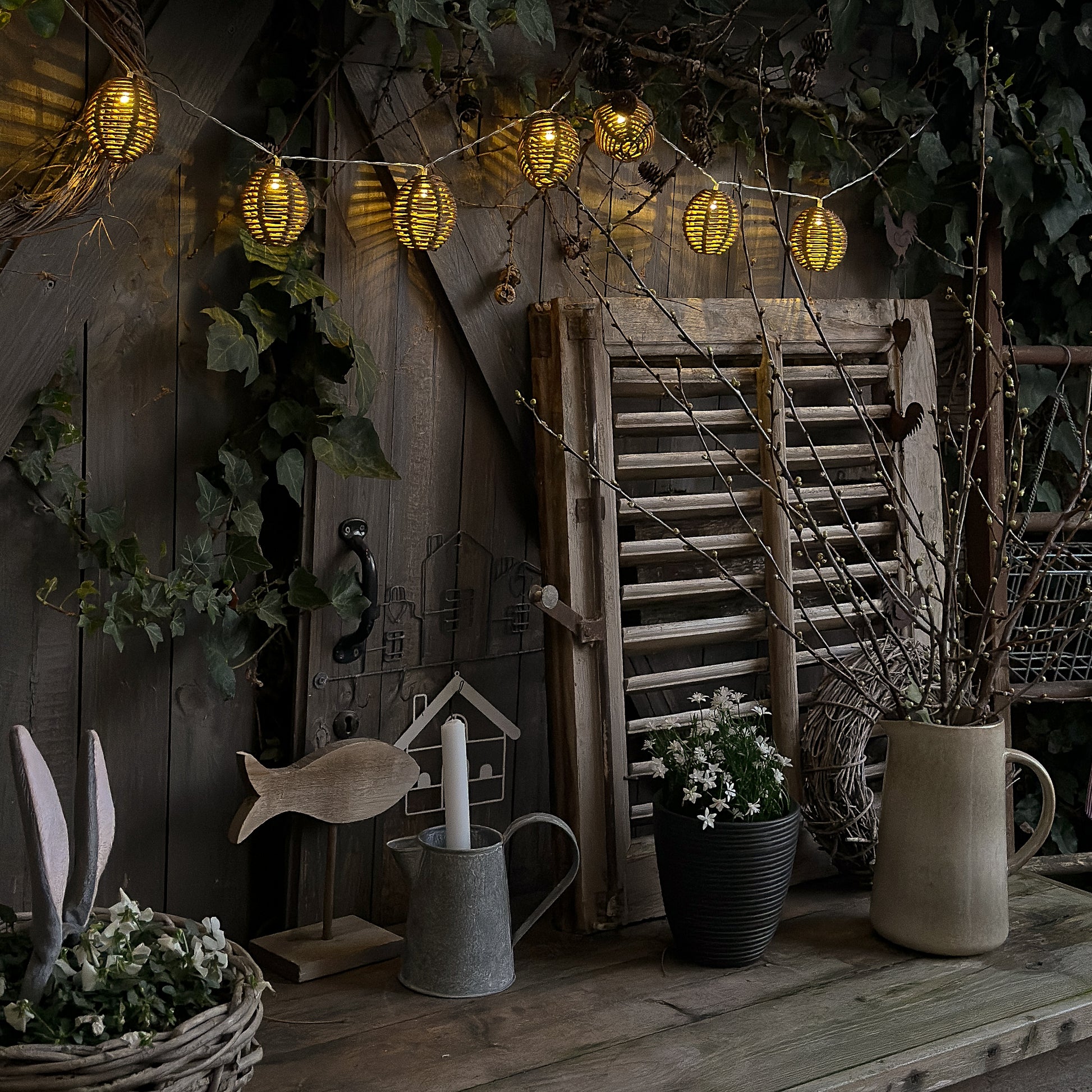 Außen-Lichterkette mit Timer, 180 cm Polyrattan Natur, von Wohnen auf dem Land, dekorative Beleuchtung für Garten und Terrasse