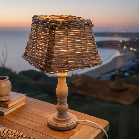 Tischlampe „Nova Scotia“ aus Holz und Rattan in natürlichem Braun, Leuchte im skandinavischen Stil von Clayre & Eef