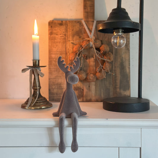 Deko Kantenhocker Elch "Milo" Kunststoff Beflockt Taupe 25cm