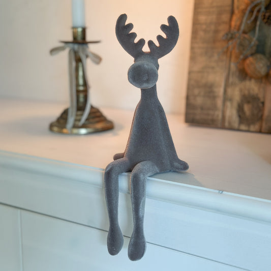 Deko Kantenhocker Elch "Milo" Kunststoff Beflockt Taupe 25cm