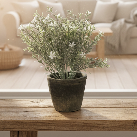 Künstliche Seidenflieder im Zementtopf, 26 cm hoch, realistische Kunstpflanze für Dekoration im Wohnbereich.