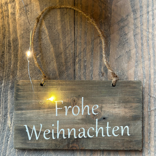 Schild Aufhänger "Frohe Weihnachten" Holz Jute Vintage 18x10