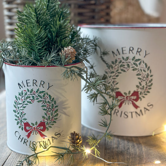 Eimer Topf Dose mit Henkel "Merry Christmas" Metall Weiß 3er Set