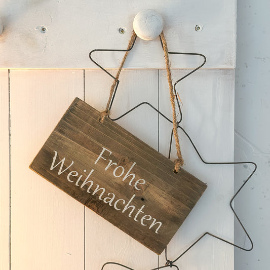 Schild Aufhänger "Frohe Weihnachten" Holz Jute Vintage 18x10