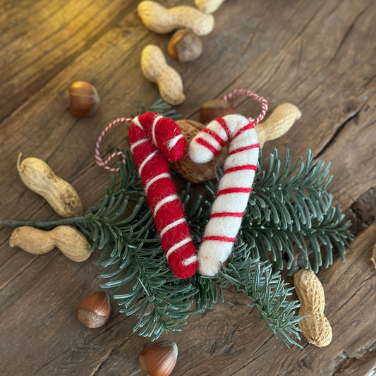 Anhänger Baumschmuck "Zuckerstange" Wolle Filz 2er Set