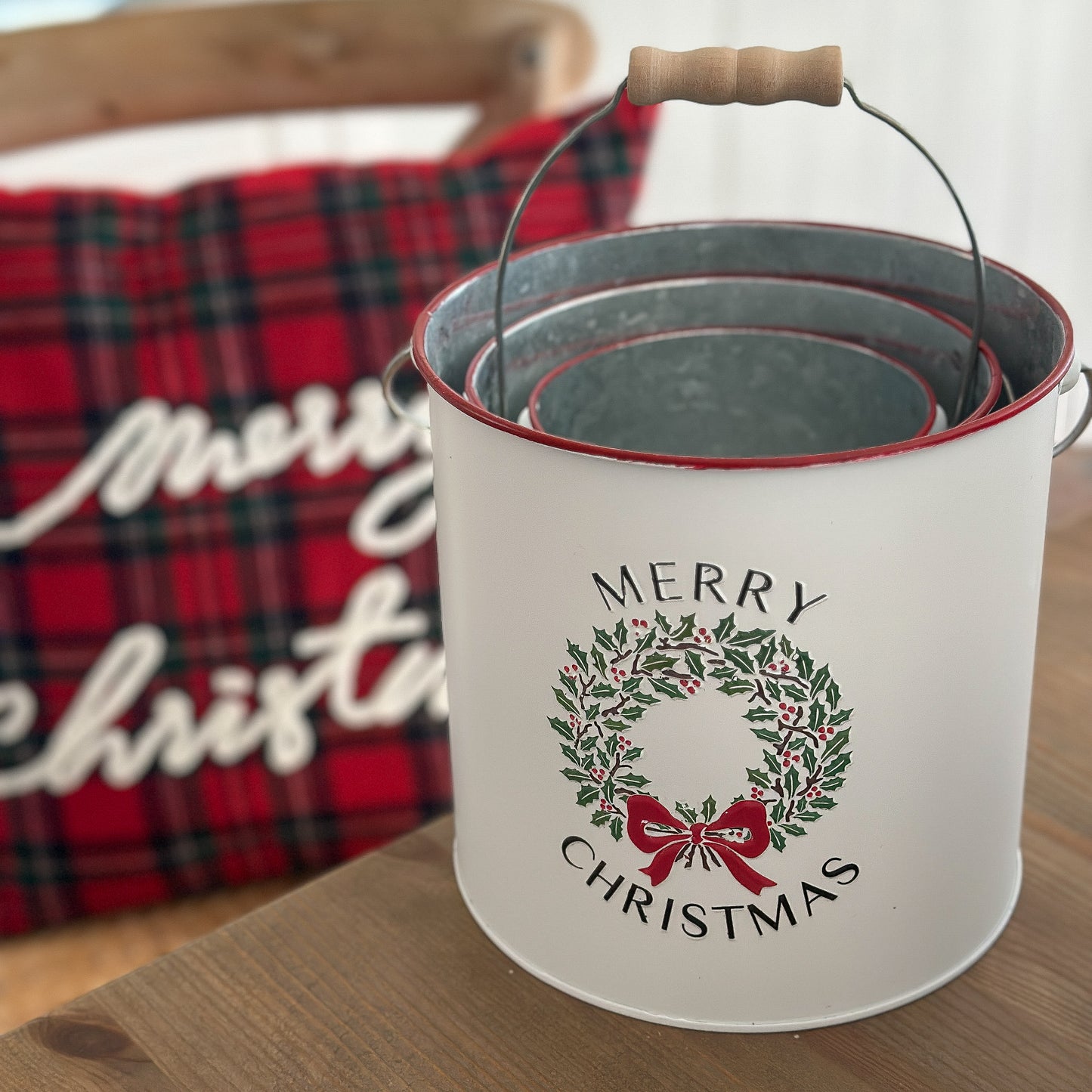 Eimer Topf Dose mit Henkel "Merry Christmas" Metall Weiß 3er Set