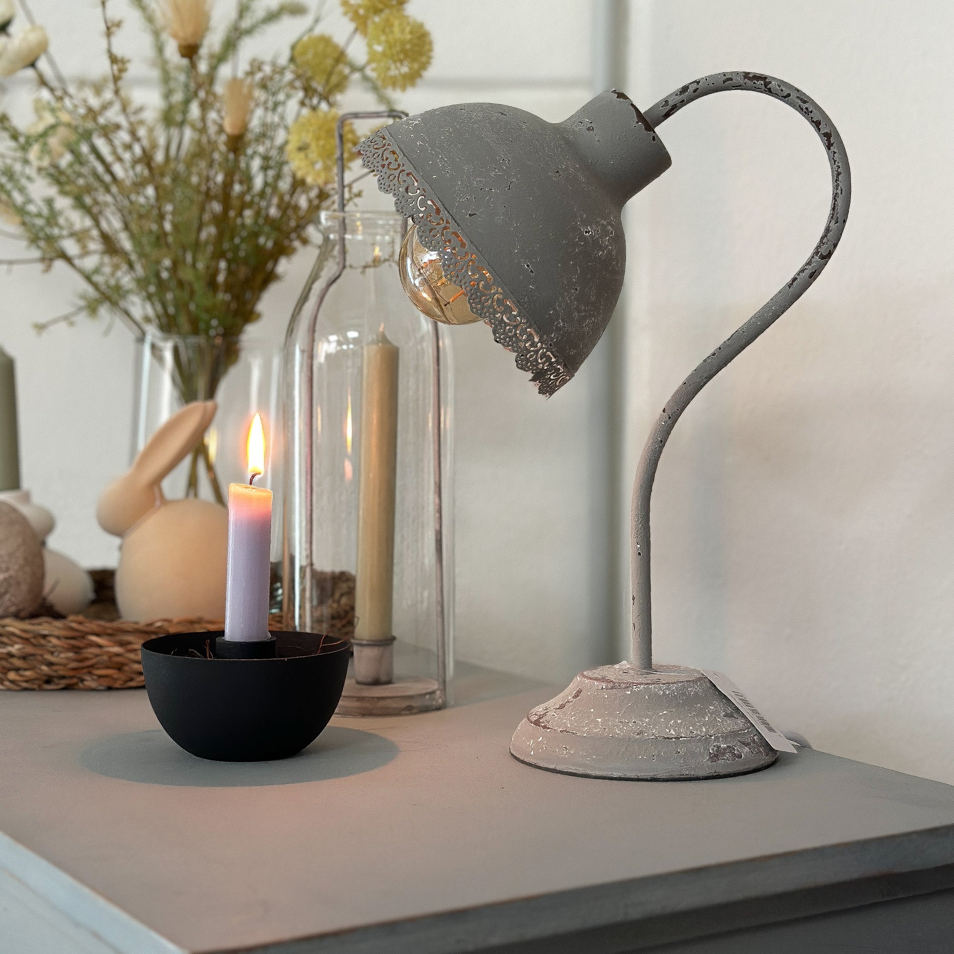 Tischlampe „Greta" Metall E27 Vintage Grau - Wohnen auf dem Land