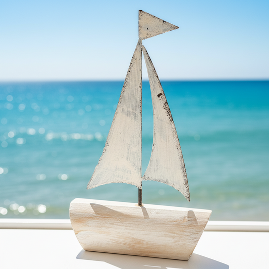 Holz Dekofigur Segelboot "Ahoi" in Creme, 20cm, von Wohnen auf dem Land, maritime Dekoration für Zuhause