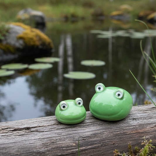 Zwei grüne Porzellan-Schwimmfrösche "Quak" als Dekorationsfigur, detailreiche Wohnen auf dem Land Dekofigur, Nahaufnahme