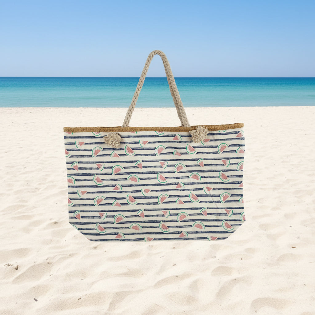Strandtasche Shopper "Melina" von Wohnen auf dem Land, mit Melonenmuster in 2 Farben, 59 cm breit, aus Baumwolle.