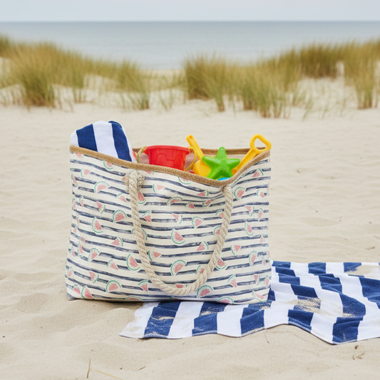 Bunte Melonen-Strandtasche "Melina" von Wohnen auf dem Land, 59 cm groß, mit zwei Farbvarianten, für Sommer und Strand.