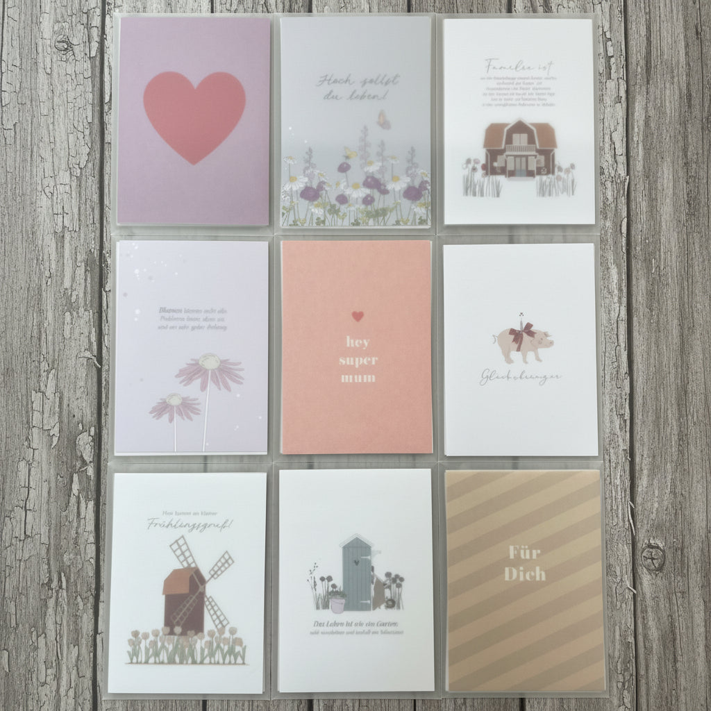 Fünf zufällige Postkarten aus dem "Mystery" Set von Wohnen auf dem Land, mit unterschiedlichen Designs und Motiven.