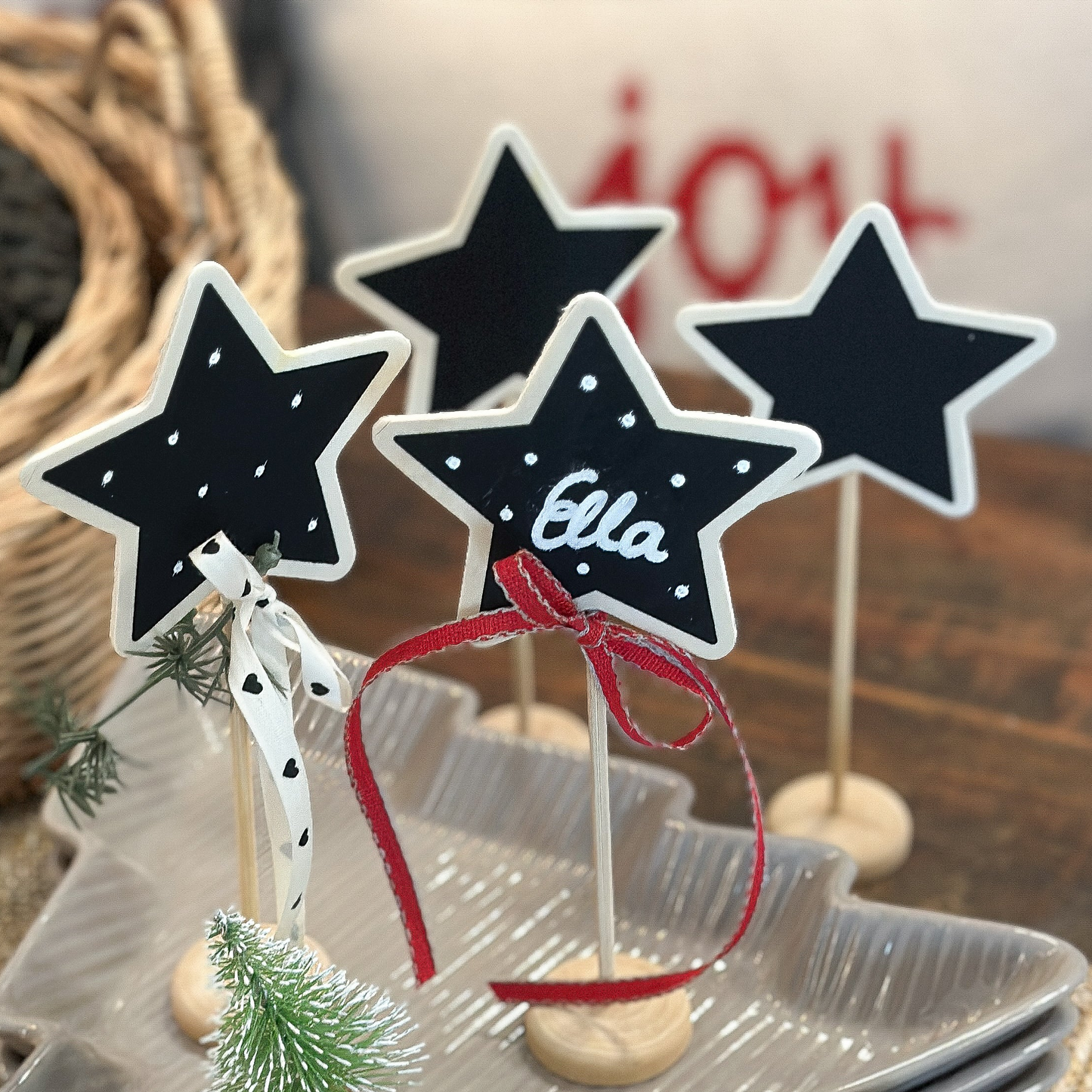 Aufsteller Namensschild zum Beschriften "Table Stars" Stern Holz Natur 4er Set