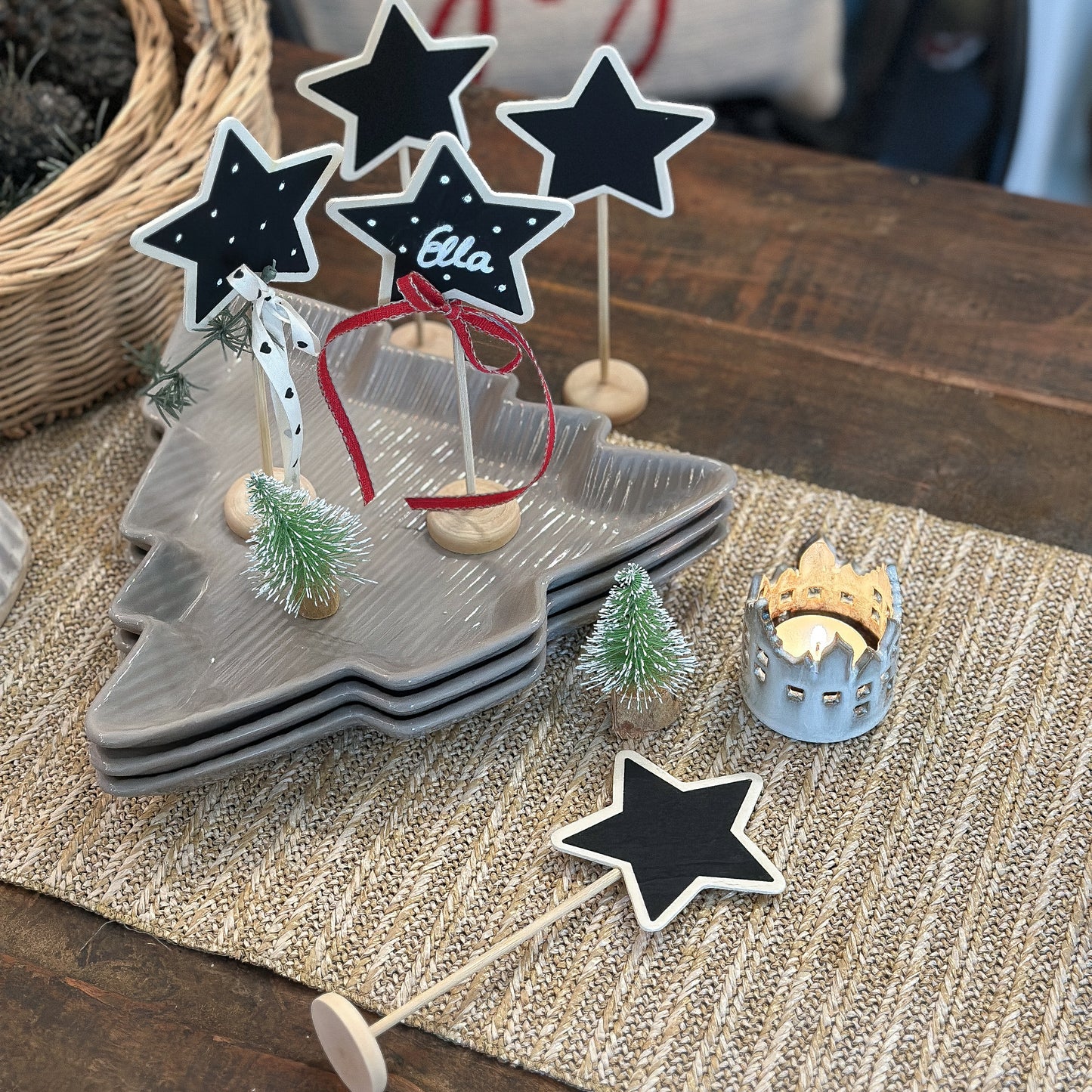 Aufsteller Namensschild zum Beschriften "Table Stars" Stern Holz Natur 4er Set