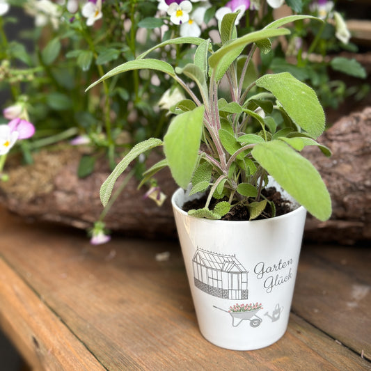 Becher Tasse Happy Mug "Garten Glück" Keramik Weiß