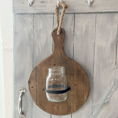 Vase am Holzbrett "Jar Board" Holz Glas Vintage Braun Rund 38cm