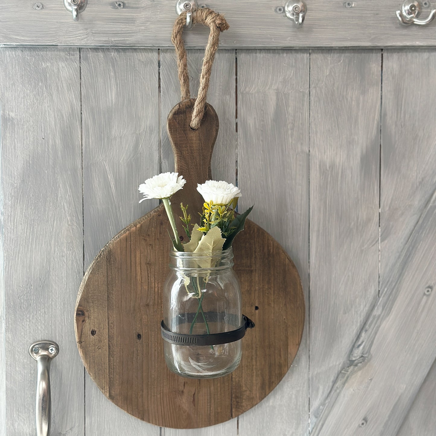 Vase am Holzbrett "Jar Board" Holz Glas Vintage Braun Rund 38cm