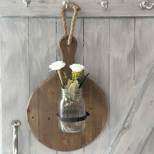 Vase am Holzbrett "Jar Board" Holz Glas Vintage Braun Rund 38cm