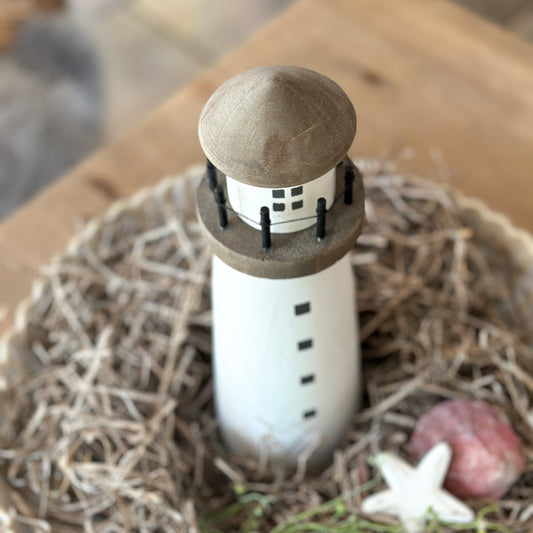 Deko Leuchtturm "Faro" Holz Natur Weiß 30cm
